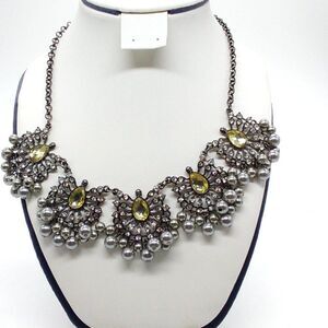 Bib Statement Necklace Yellow Teardrop Crystals, Rhinestones, Gray Faux Pearls